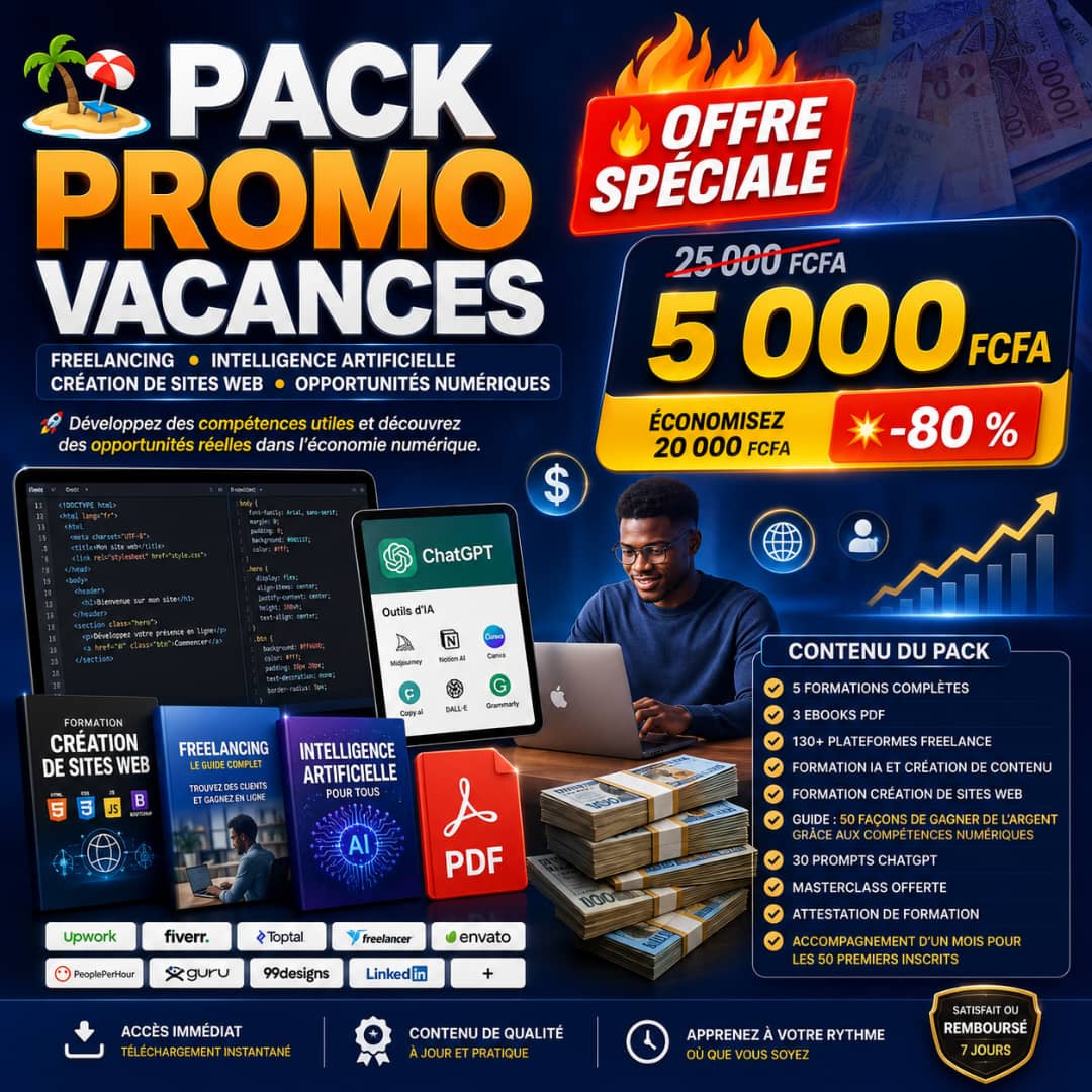 🏖️ PACK PROMO VACANCES – Freelancing, Intelligence Artificielle, Création de Sites Web & Opportunités Numériques