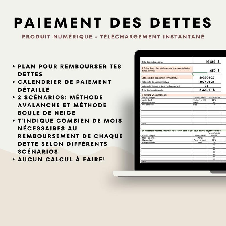 Planificateur de paiement des dettes, Suivi du remboursement de la dette, calculateur Avalanches, calculateur Boule de neige, Suivi dettes
