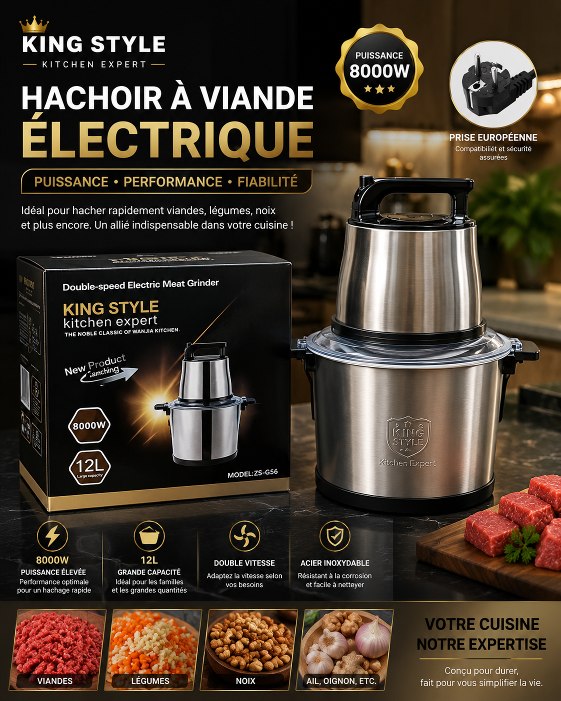 Hachoir à viande électrique KING STYLE 8000 W, 12 L, en acier inoxydable
