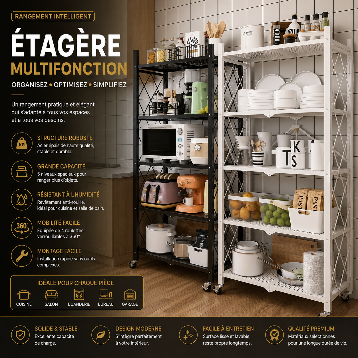 Étagère de rangement multifonction à 5 niveaux avec roulettes
