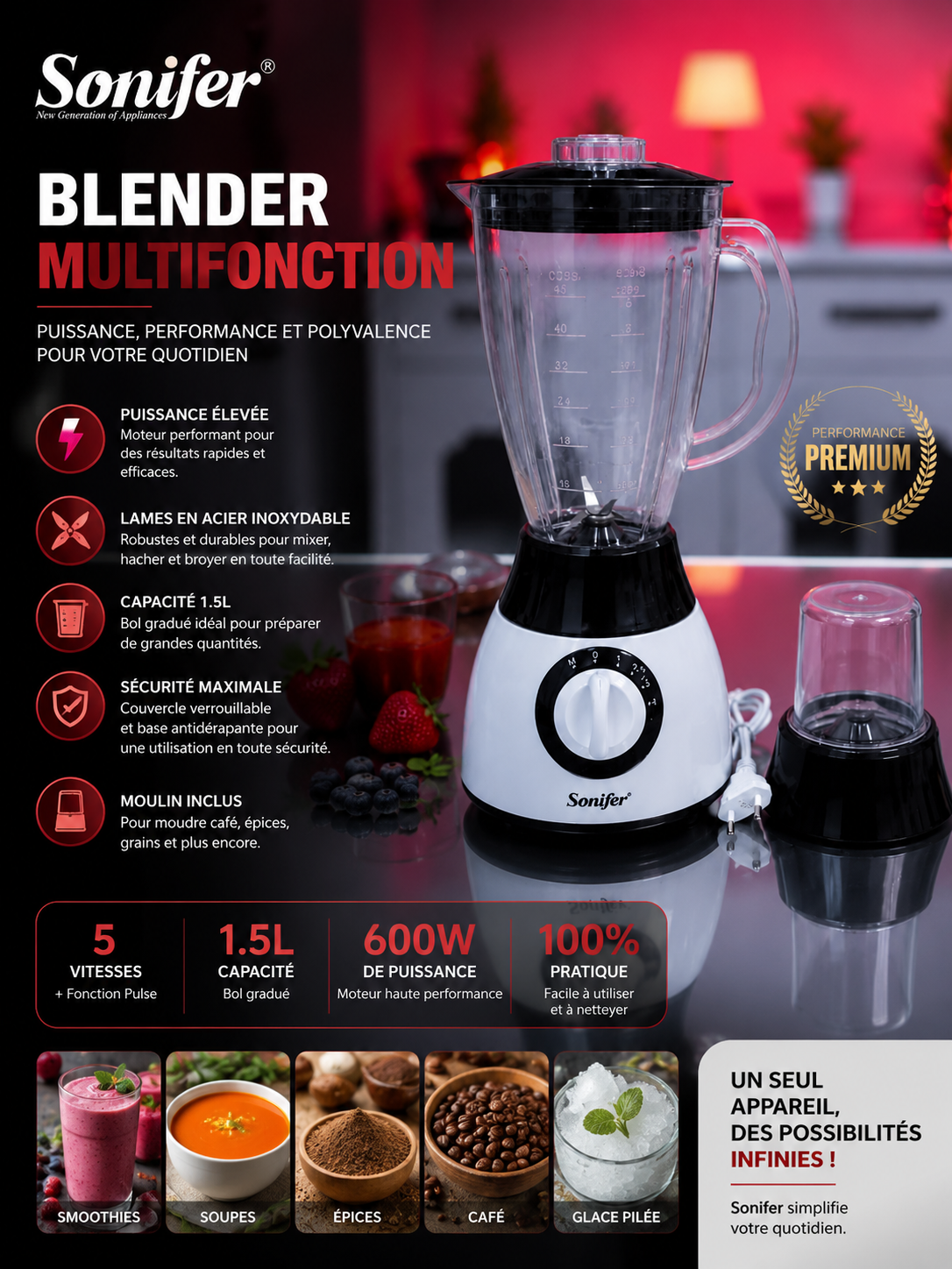 Blender multifonction Sonifer 600 W, 1,5 L, avec moulin intégré et 5 vitesses