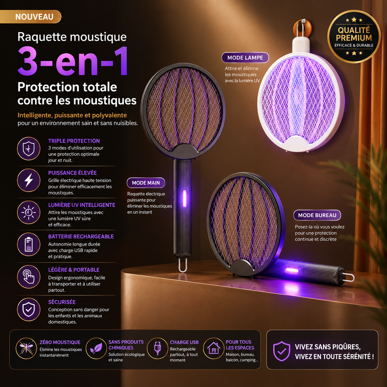 Raquette anti-moustiques rechargeable