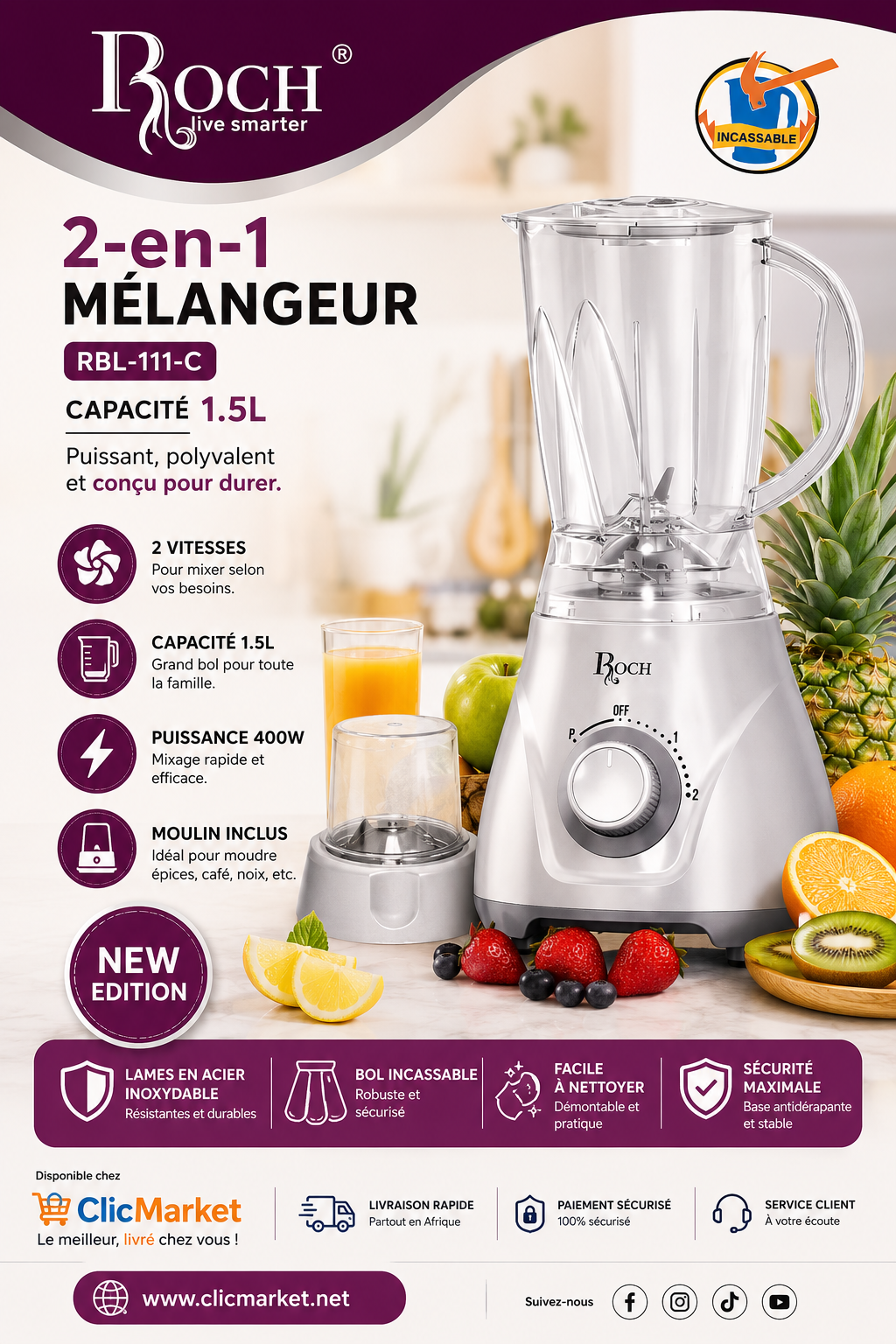 Blender 2-en-1 BOCH RBL-111-C 400W, 1,5 L avec Moulin à Épices