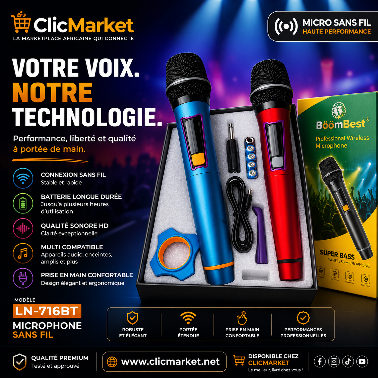 Microphones Sans Fil BoomBest LN-716BT, Son HD & Performance Professionnelle