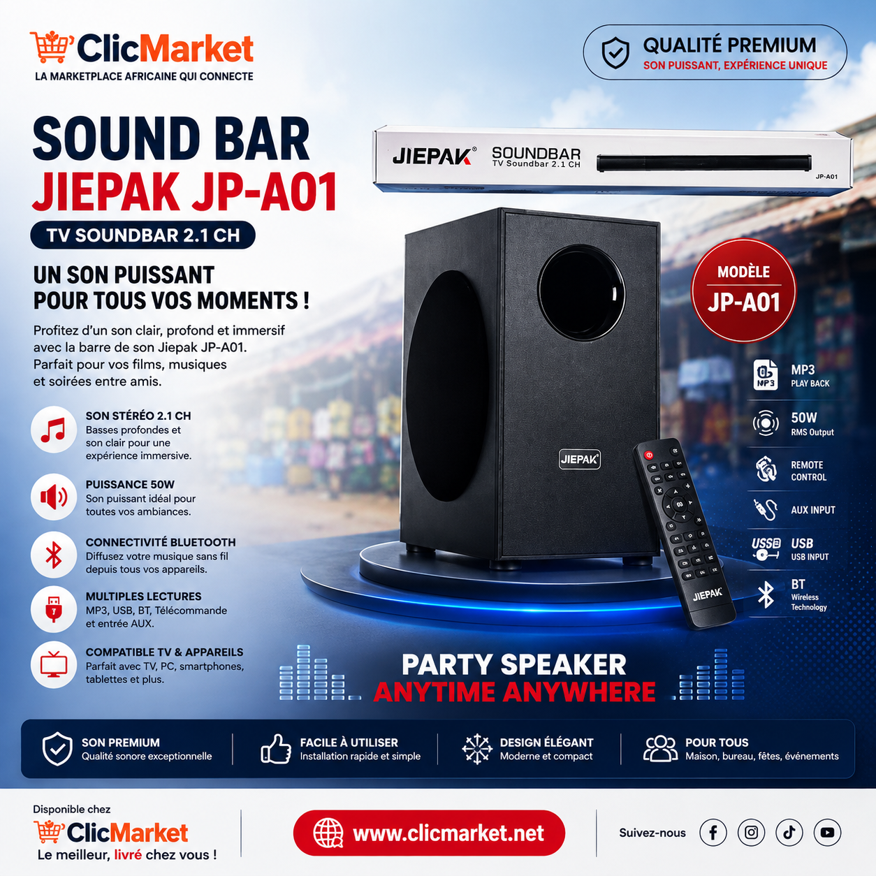 Barre de Son JIEPAK JP-A01 2.1 CH, 50W avec Bluetooth