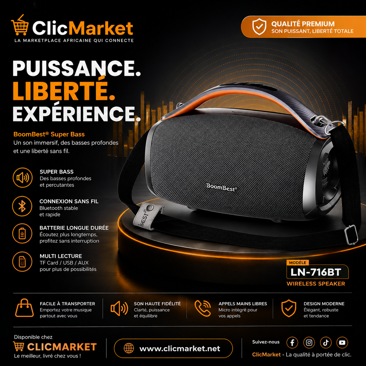 Enceinte Bluetooth BoomBest LN-716BT, Son Puissant & Super Bass