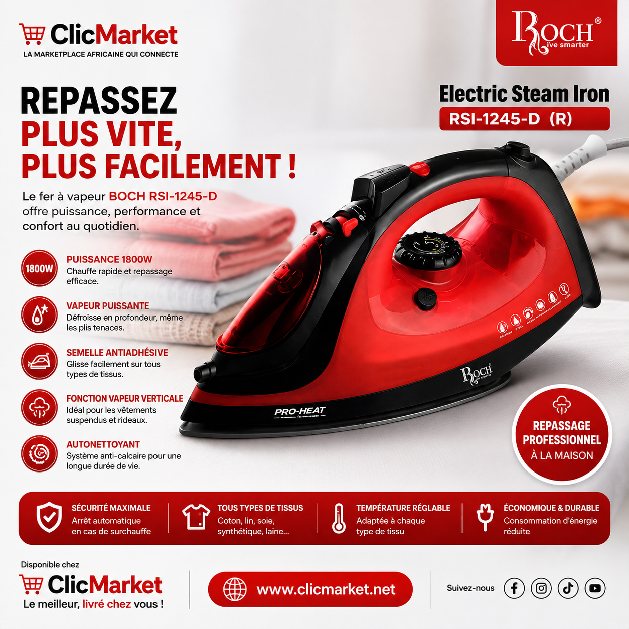Fer à Vapeur BOCH RSI-1245-D, 1800W pour un Repassage Rapide et Efficace