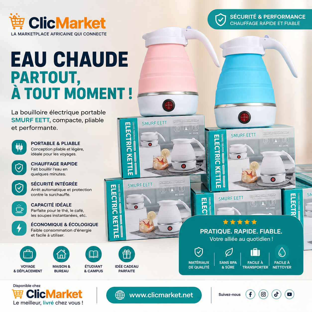 Bouilloire Électrique Portable SMURF EETT, Chauffage Rapide & Sécurisé