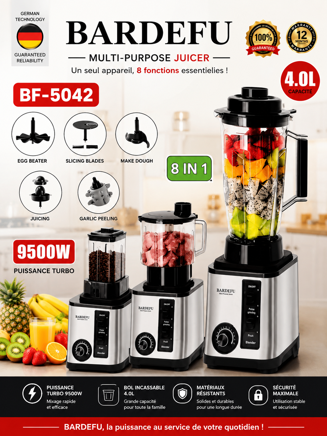 Extracteur & Blender Multifonction BARDEFEU BF-5042 8-en-1, 9500W, 4L