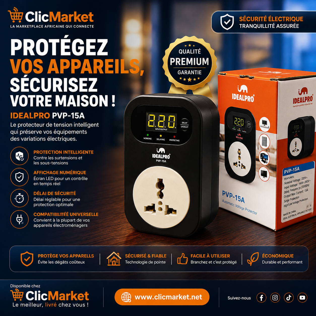 Protecteur de Tension Intelligent IDEALPRO PVP-15A, Sécurité & Protection Électrique