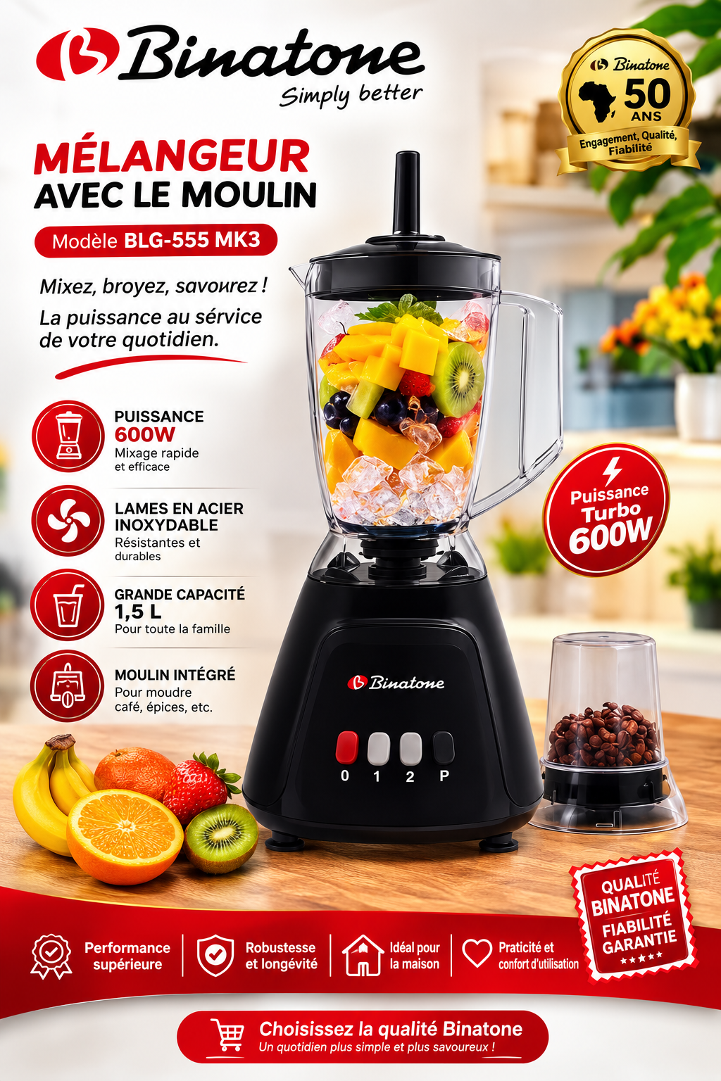 Blender Bionatone BLG-555 MK3 600W, Puissant et Durable