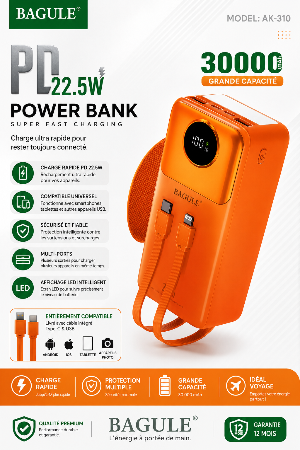 Power Bank BAGULE AK-310 30 000 mAh, Charge Rapide PD 22,5W
