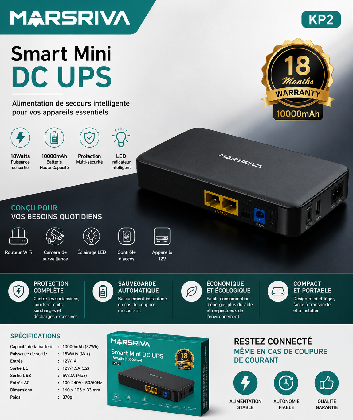 Marsriva KP2 Smart Mini DC UPS 10 000 mAh, l’alimentation de secours compacte et fiable pour rester connecté en cas de coupure.