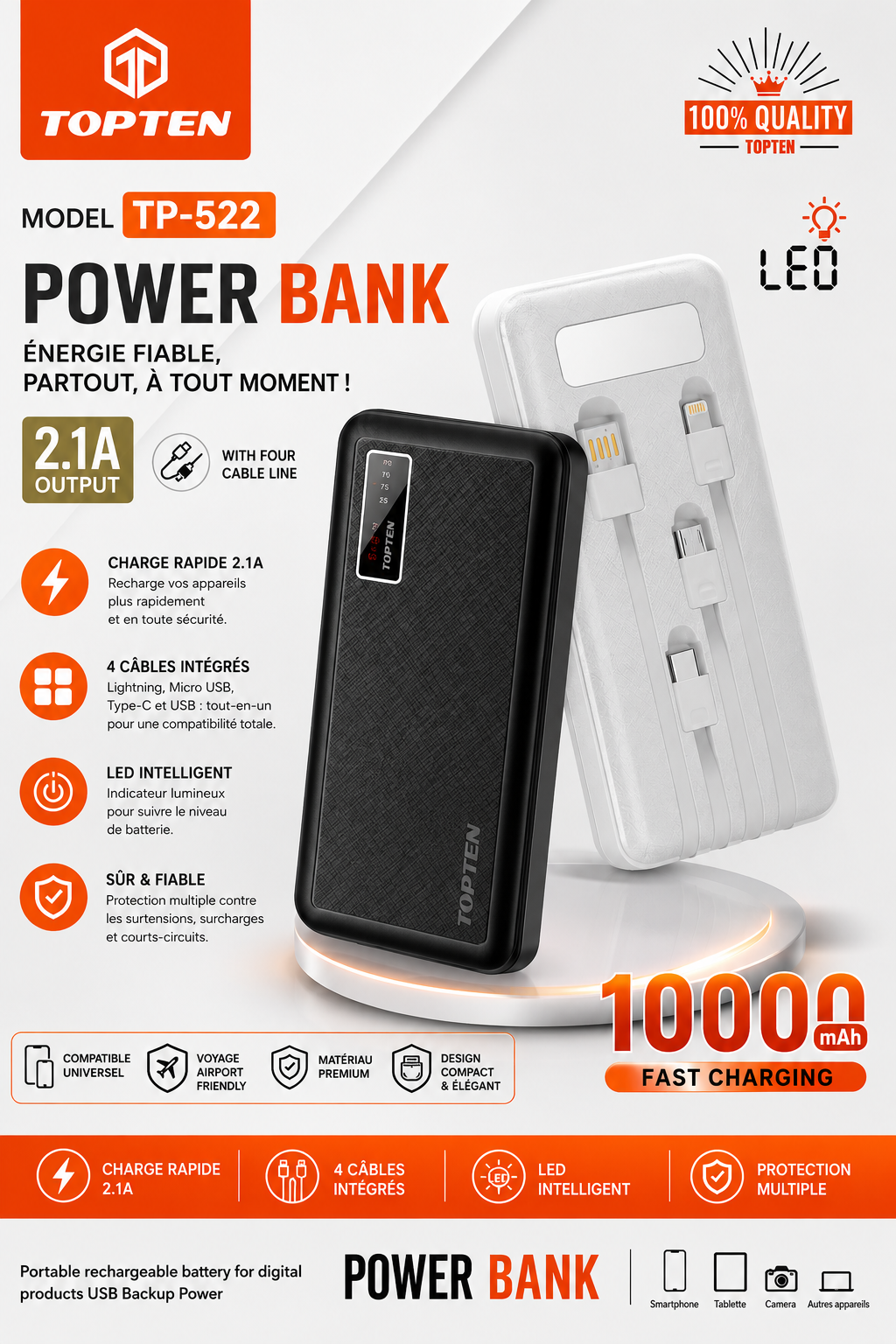 Power Bank TOPTEN TP-522 10 000 mAh, Charge Rapide et 4 Câbles Intégrés