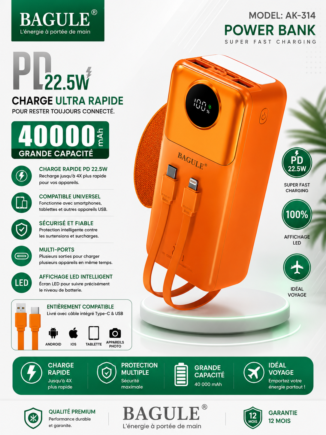 Power Bank BAGULE AK-314 40 000 mAh, Charge Rapide PD