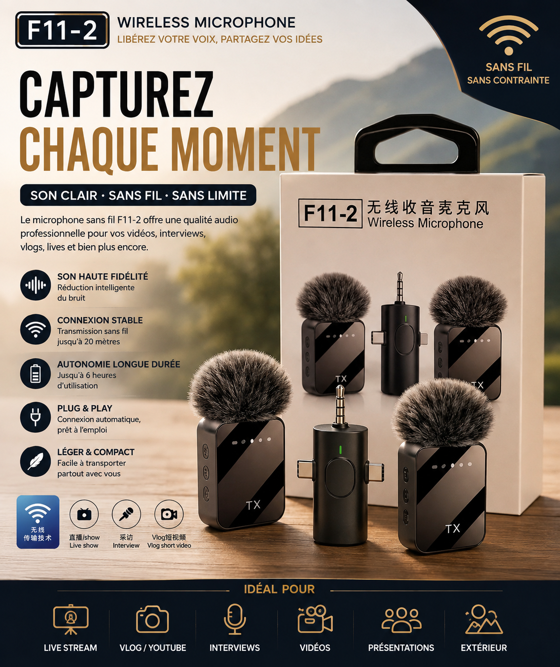 Microphone sans fil F11-2, un son clair et professionnel partout