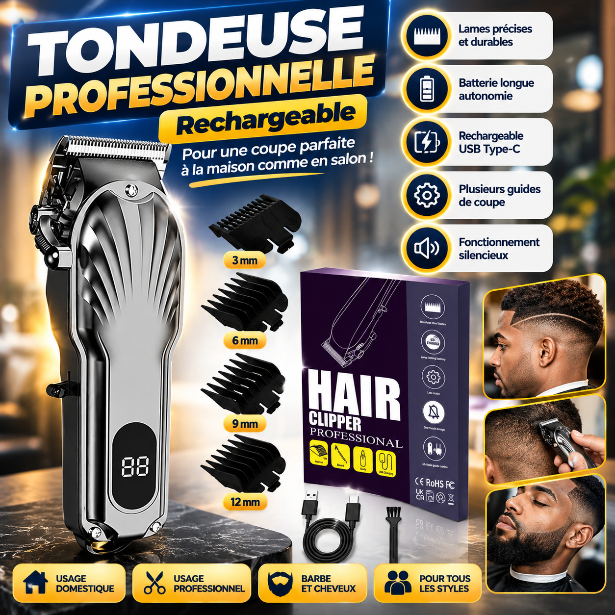 Tondeuse professionnelle rechargeable USB-C, pour une coupe précise et un style impeccable à la maison comme en salon.